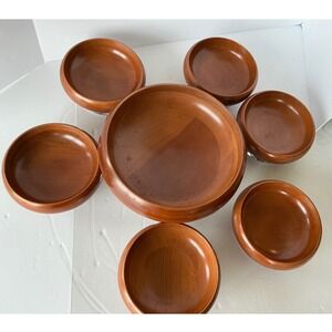 Vintage Wood Salad Bowl‎ Set Chrome Pedestal Base 7 Piece Mid Century